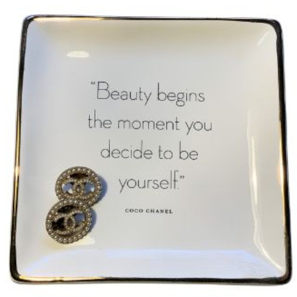 Coco Chanel Quote Jewelry Dish Trinket Tray White Gold Rim